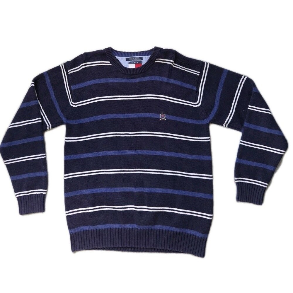 Vintage Tommy Hilfiger Crest Logo Striped Cotton Knit Sweater Mens Medium EUC